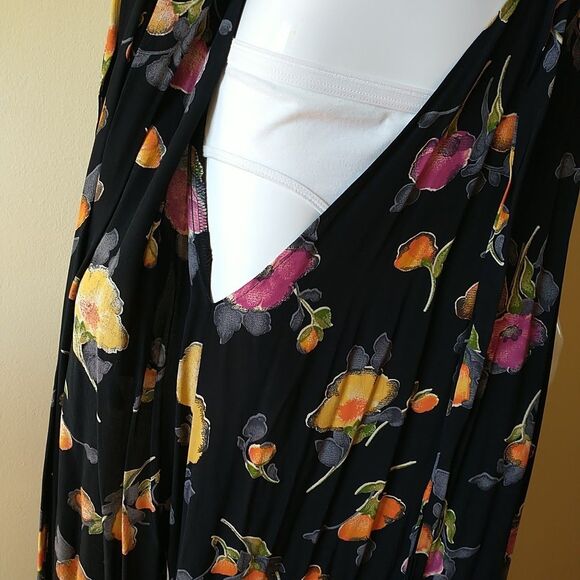 VTG Expo Maxi Wrap Dress 6 Black Floral Short Sleeve Made In USA Cottagecore 80s - Picture 9 of 11